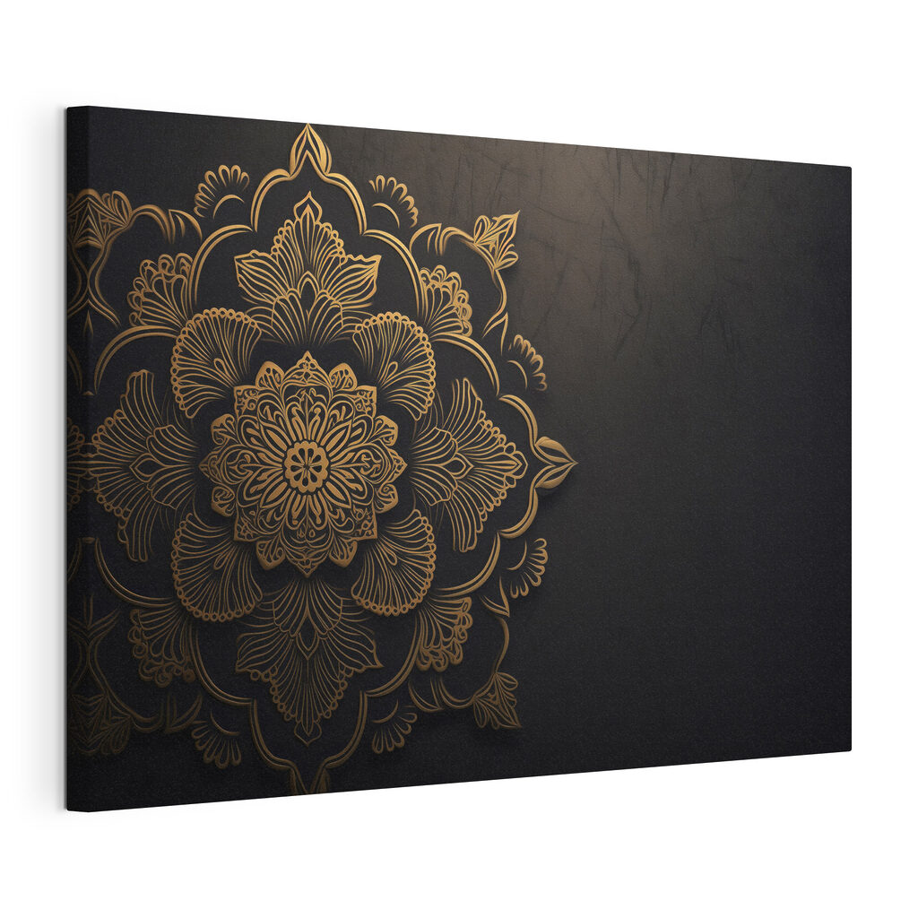 Goldenes Mandala auf Schwarz, gespannte Leinwand mit umlaufender Kante