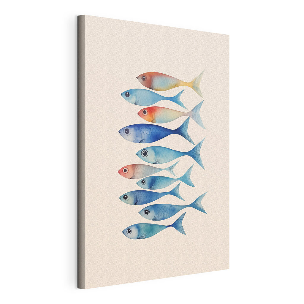 Fischreihe in sanften Farben, gespannte Leinwand mit umlaufender Kante