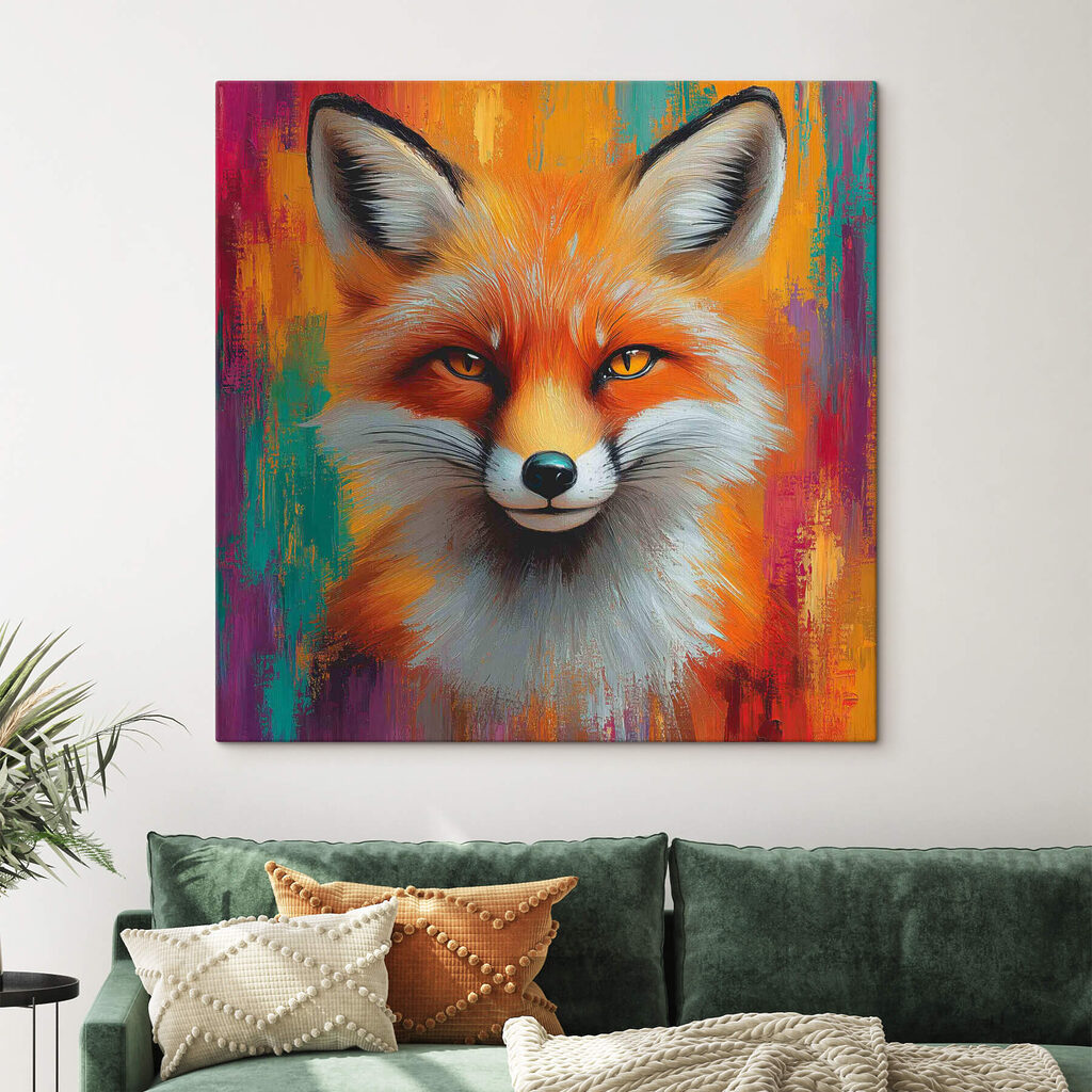 Fuchs in leuchtenden Farbstreifen in einem Interieur