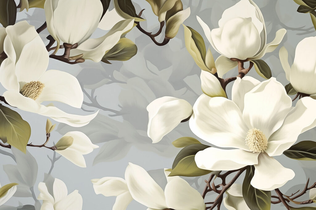 Cremeweiße Magnolie in Graugrün — ganzes Design