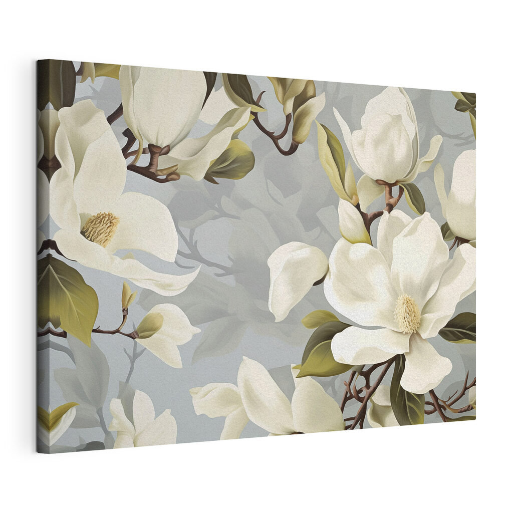 Cremeweiße Magnolie in Graugrün, gespannte Leinwand mit umlaufender Kante