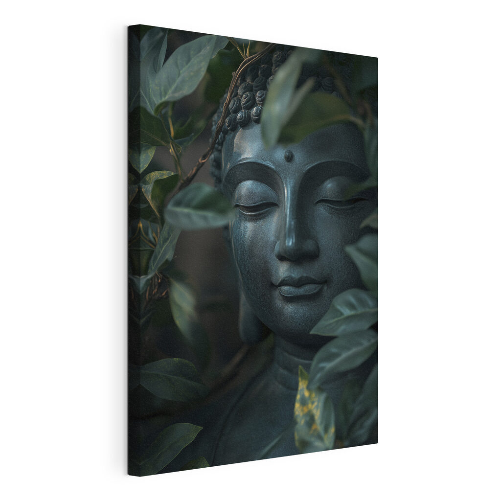 Buddha zwischen kühlen Dschungelblättern, gespannte Leinwand mit umlaufender Kante