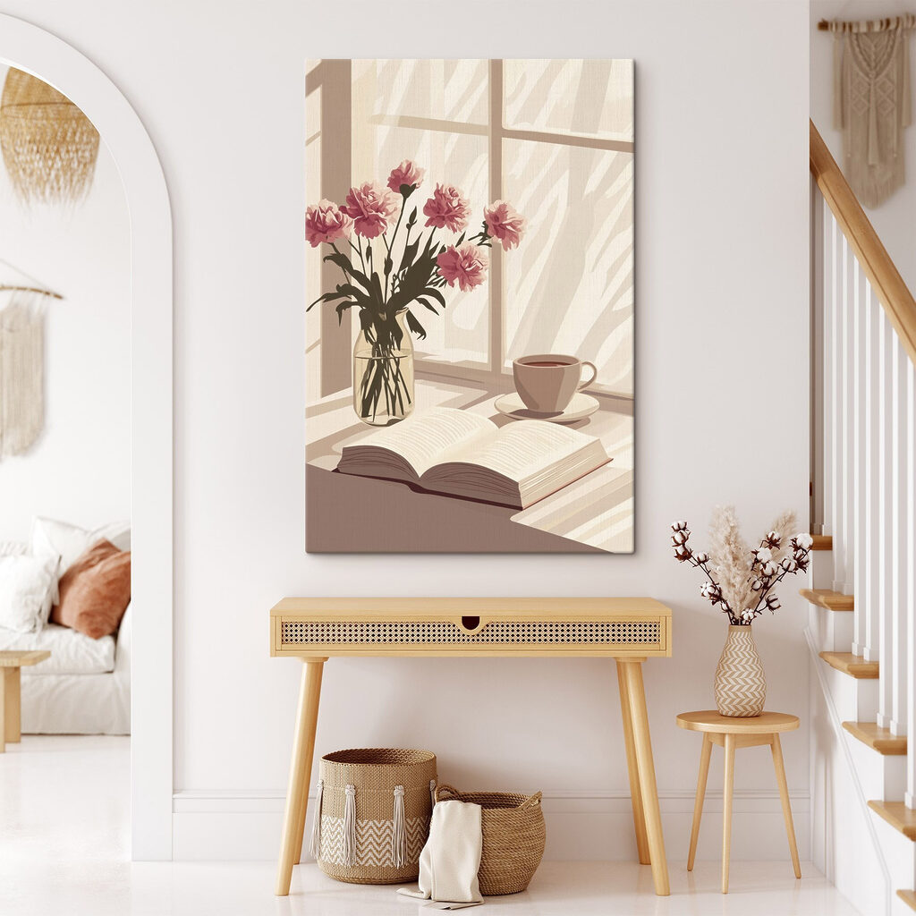 Buch und rosa Blumenvase in einem Interieur