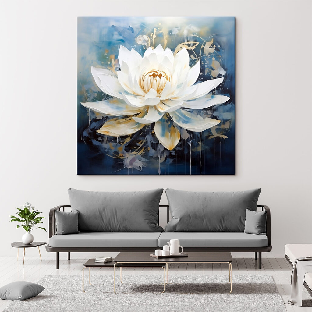Weißer Lotus im Blaunebel in einem Interieur