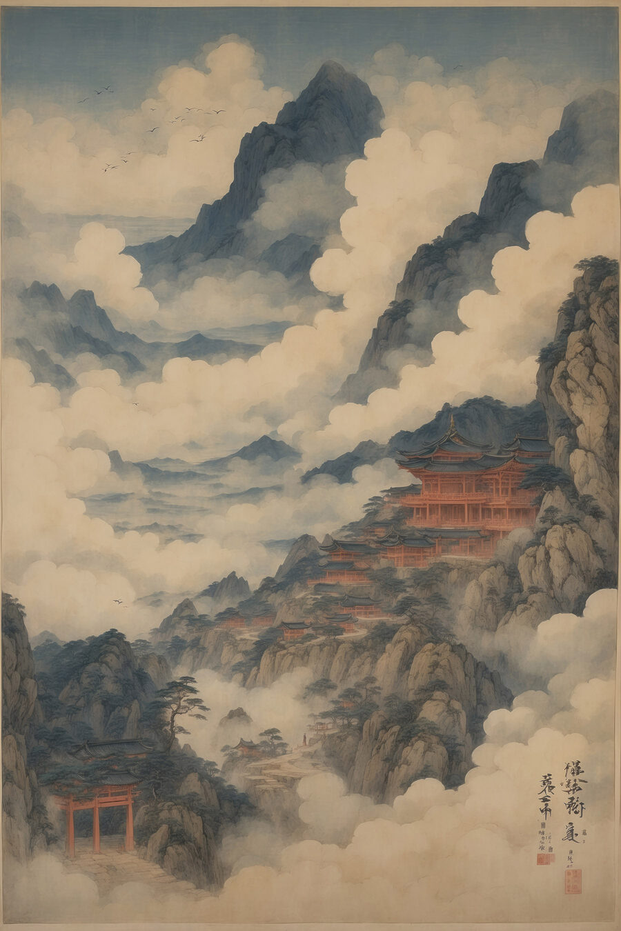 Bergtempel zwischen weißen Wolken — ganzes Design