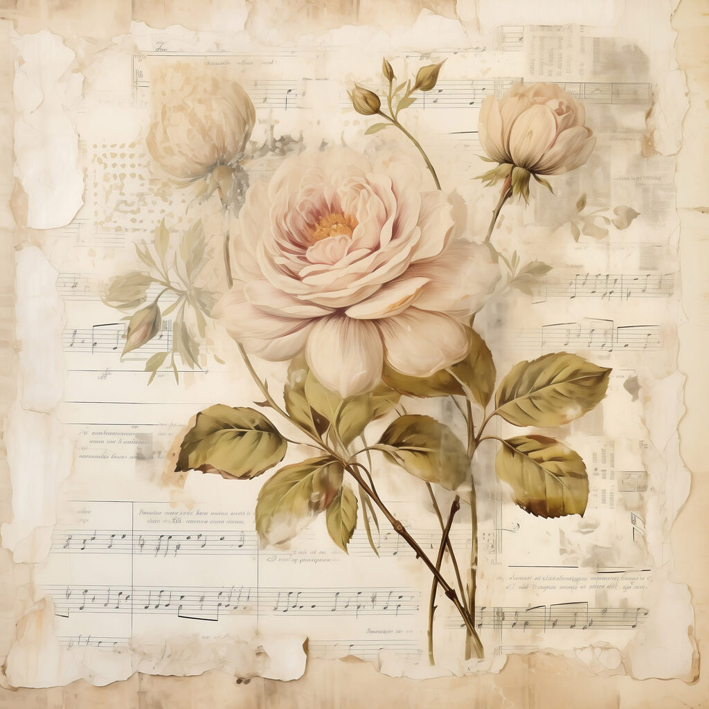 Blasse Rose auf Notenblatt — ganzes Design