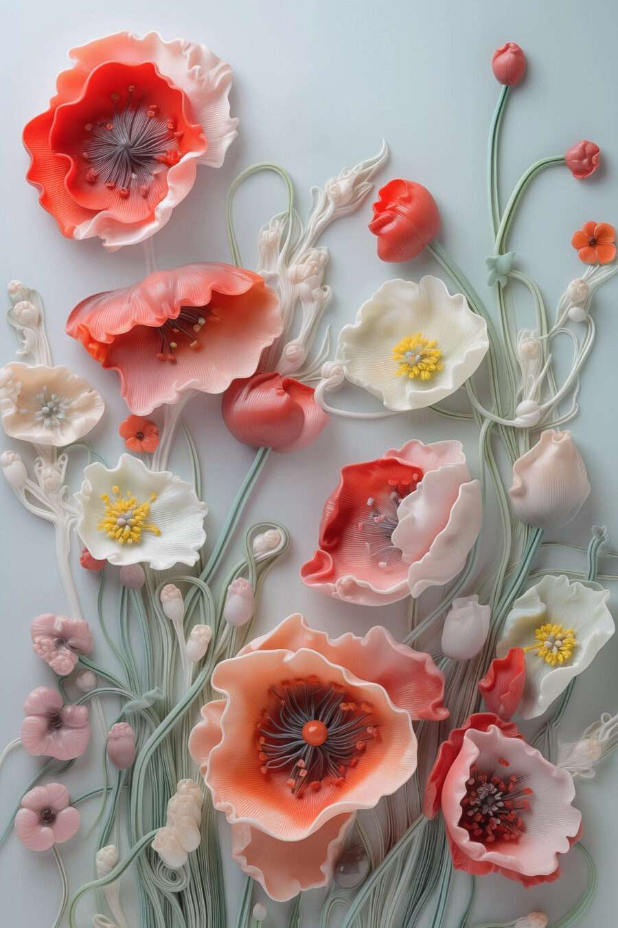 Korallenmohn auf Salbeiblau — ganzes Design