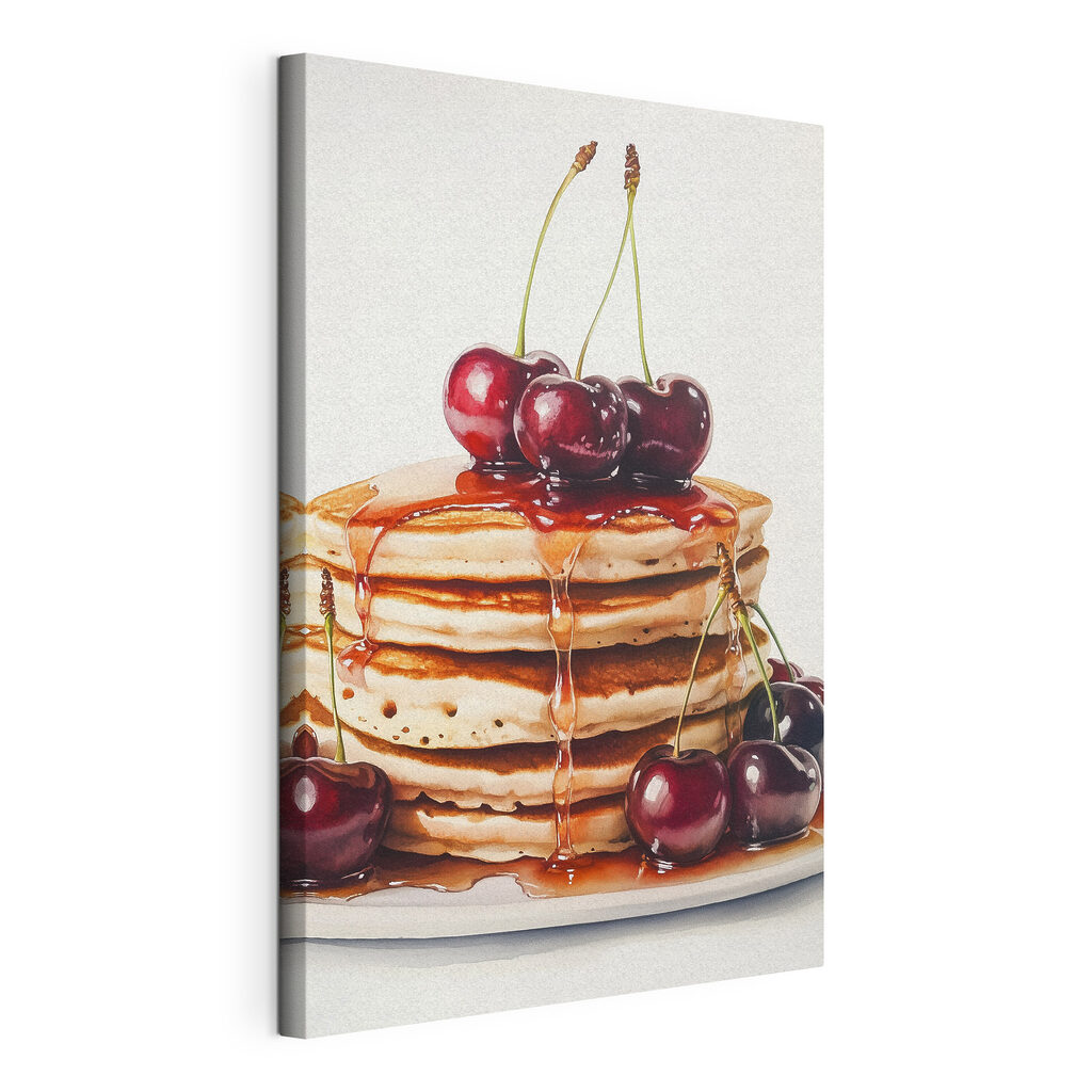 Pfannkuchen mit glänzenden Kirschen, gespannte Leinwand mit umlaufender Kante