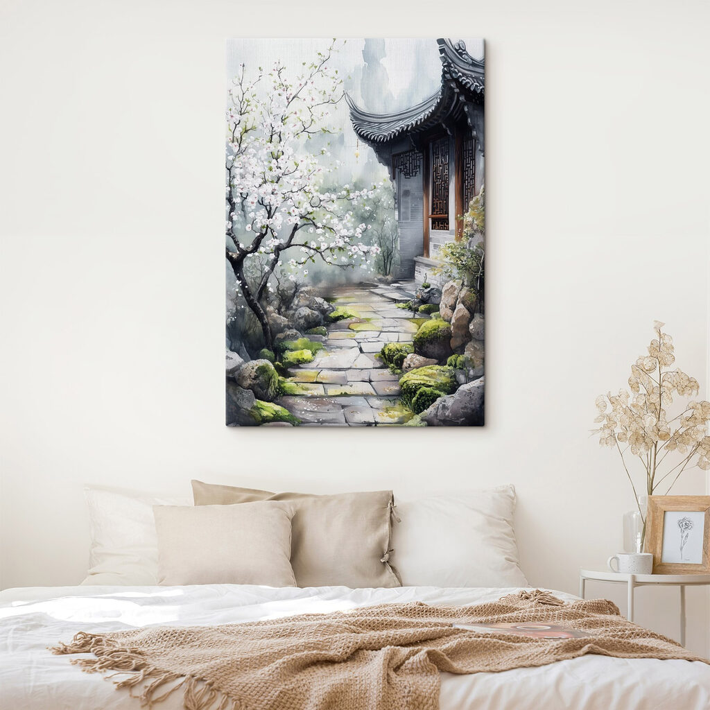 Blütenweg zum dunklen Tempeltor in einem Interieur