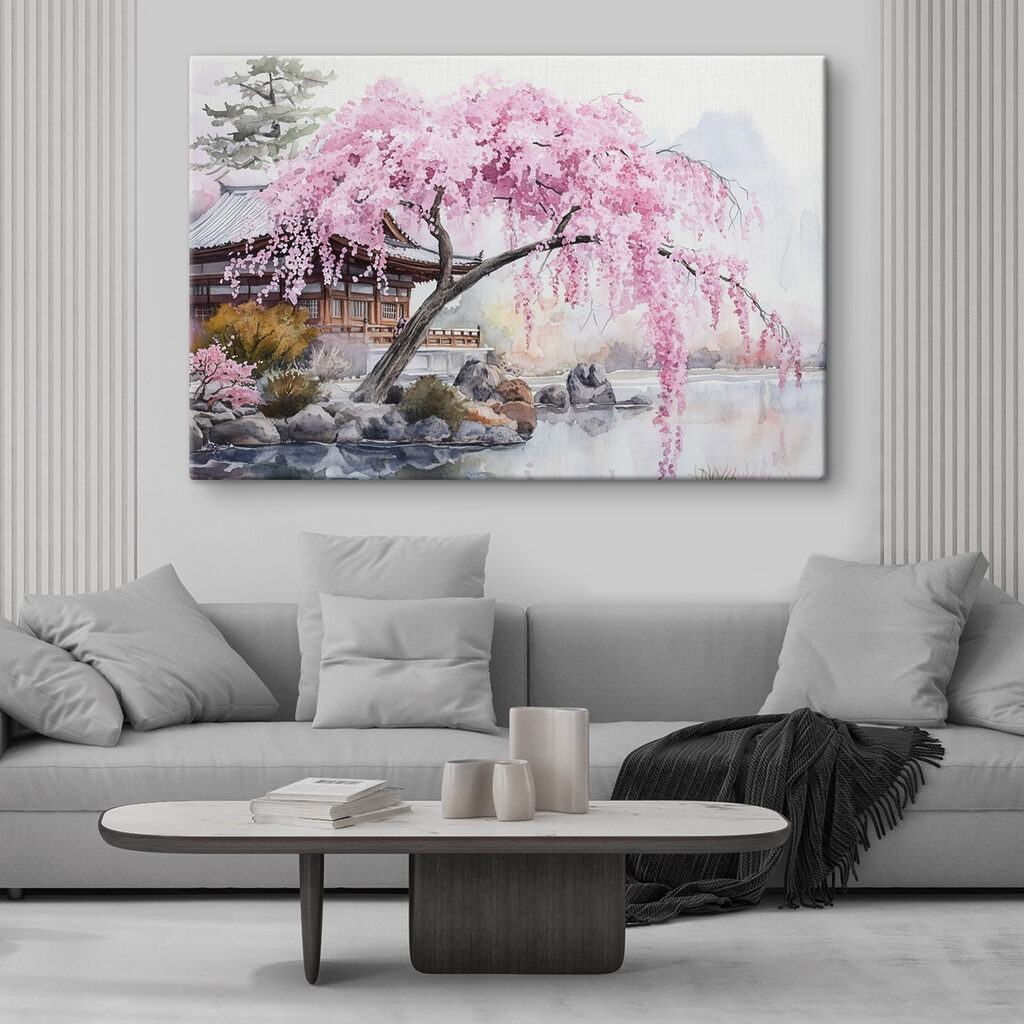 Rosa Trauerbaum am Wasser in einem Interieur