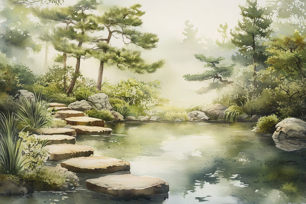 Steinpfad über den Teich — ganzes Design