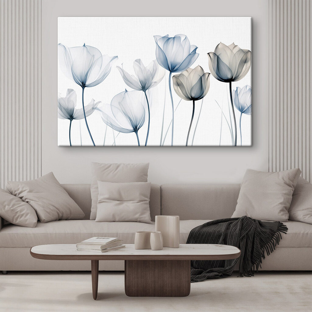 Geäderte blaue Tulpen in einem Interieur