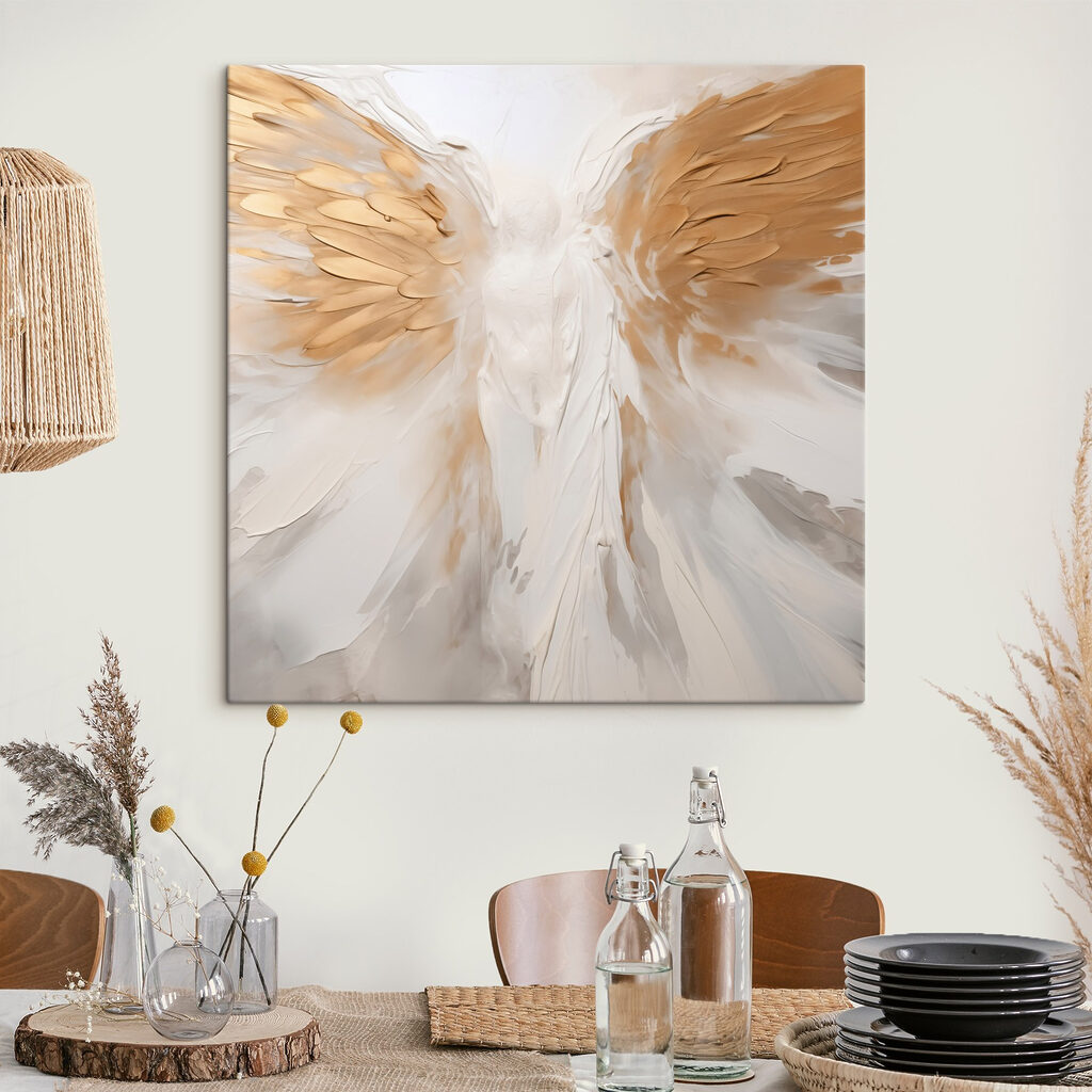 Engelsflügel mit goldenen Federn in einem Interieur
