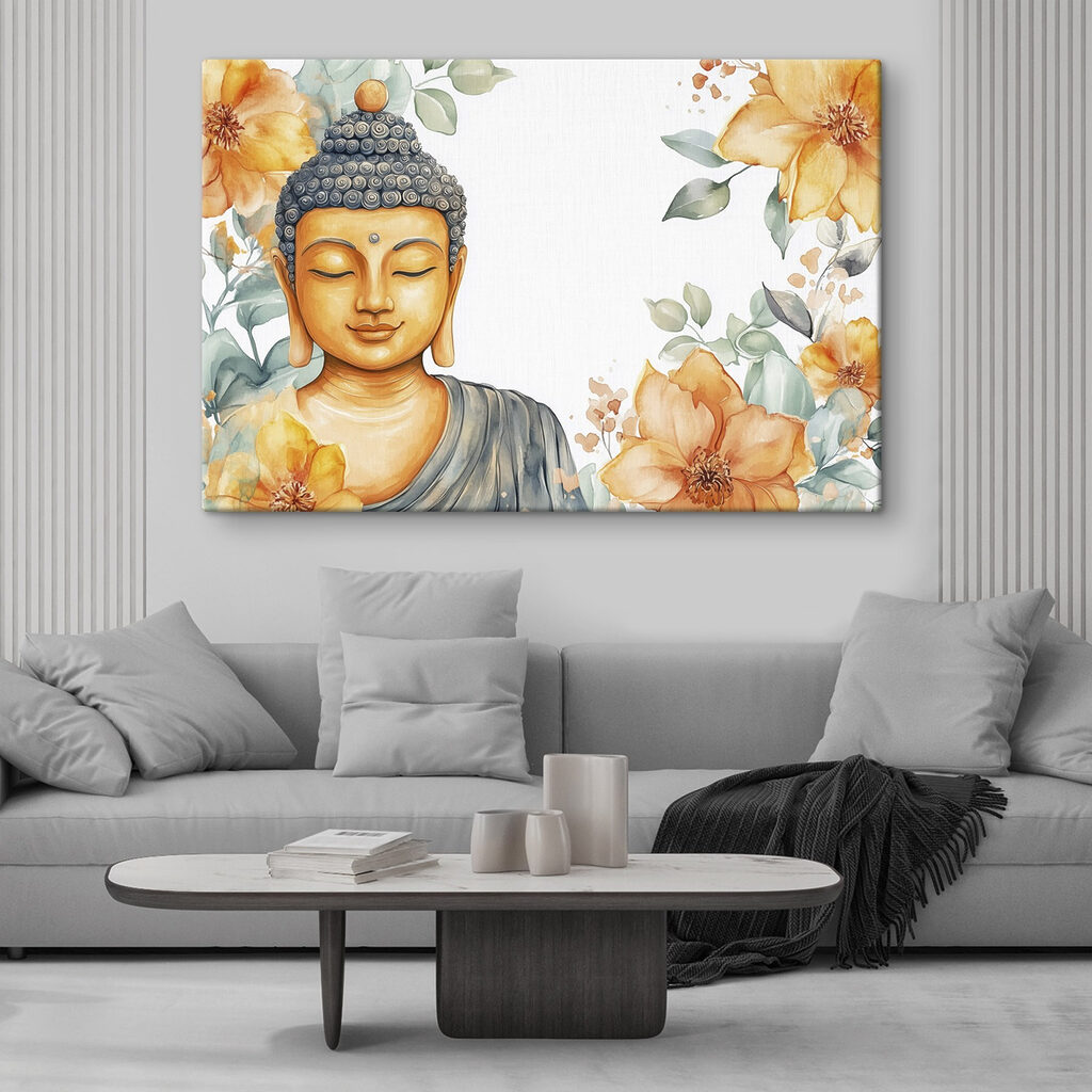 Buddha zwischen Aquarellblüten in einem Interieur