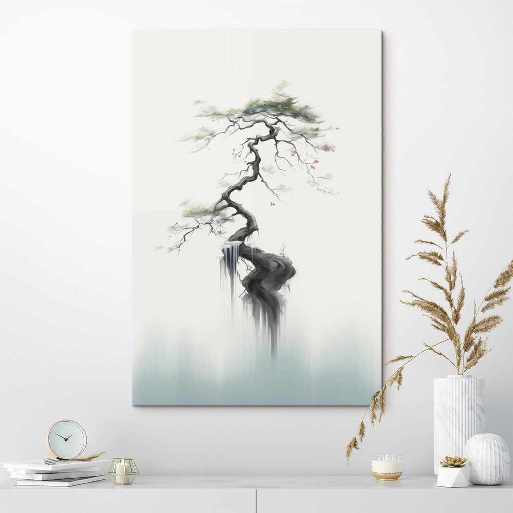 Gewundener Baum im Nebel in einem Interieur