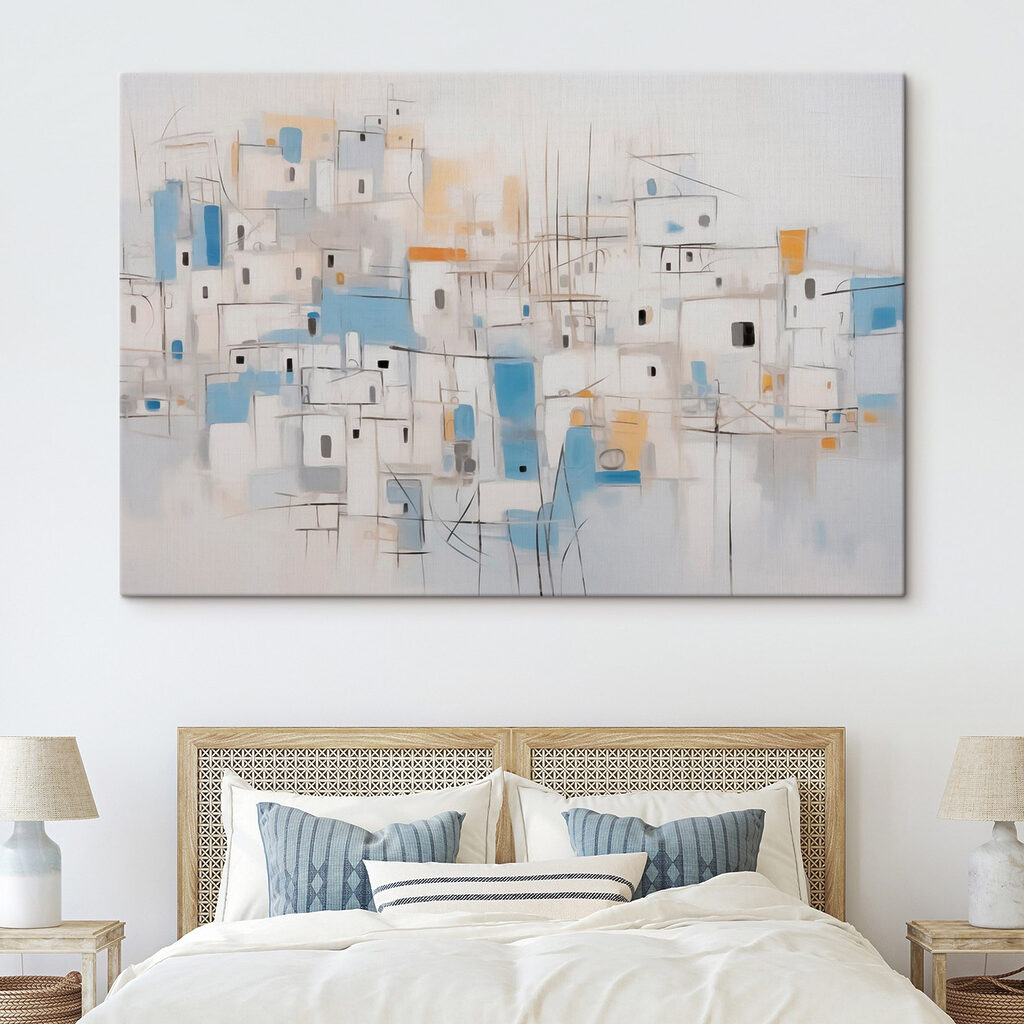 Weiße Häuser zwischen Linien in einem Interieur