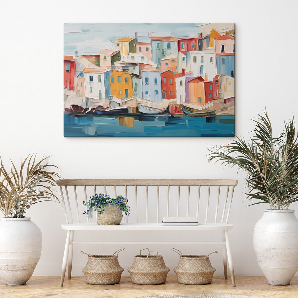 Pastellhäuser am blauen Hafen in einem Interieur