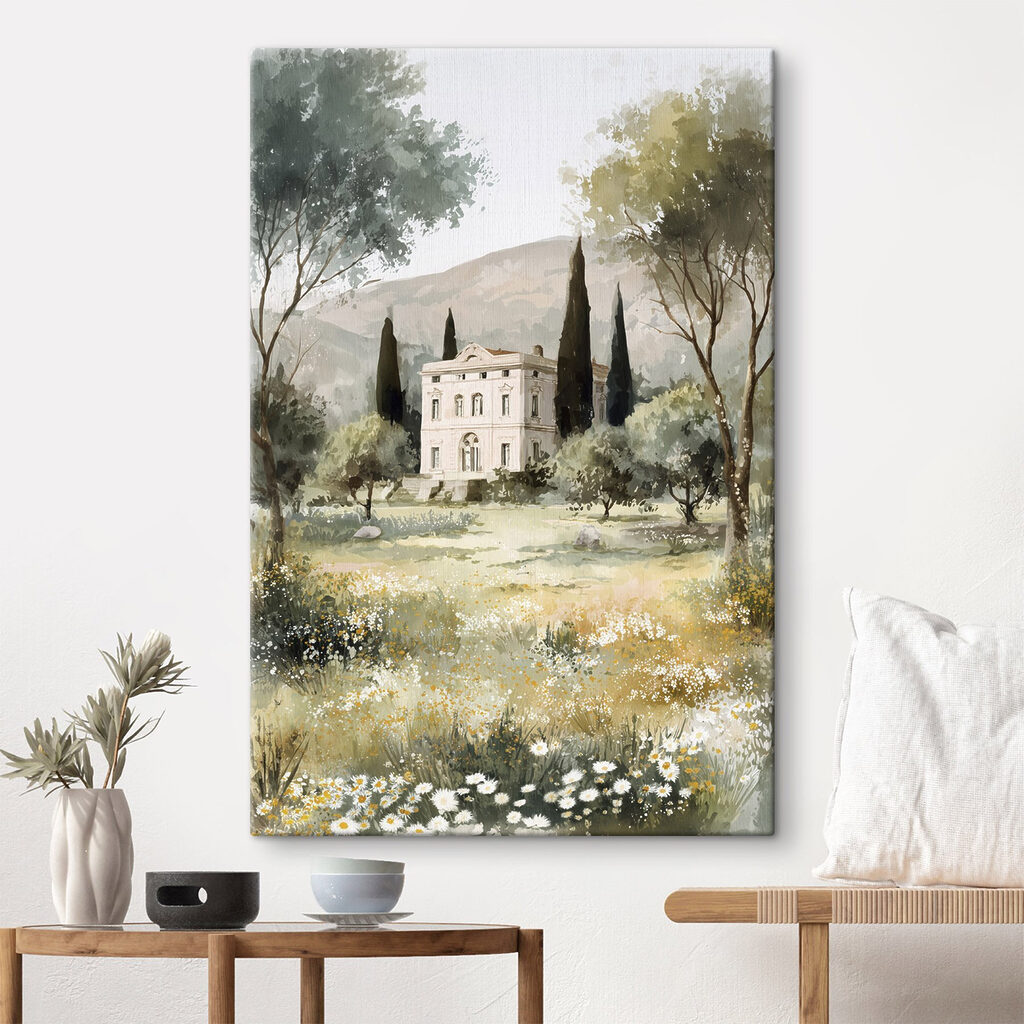 Villa hinter einer Blumenwiese in einem Interieur