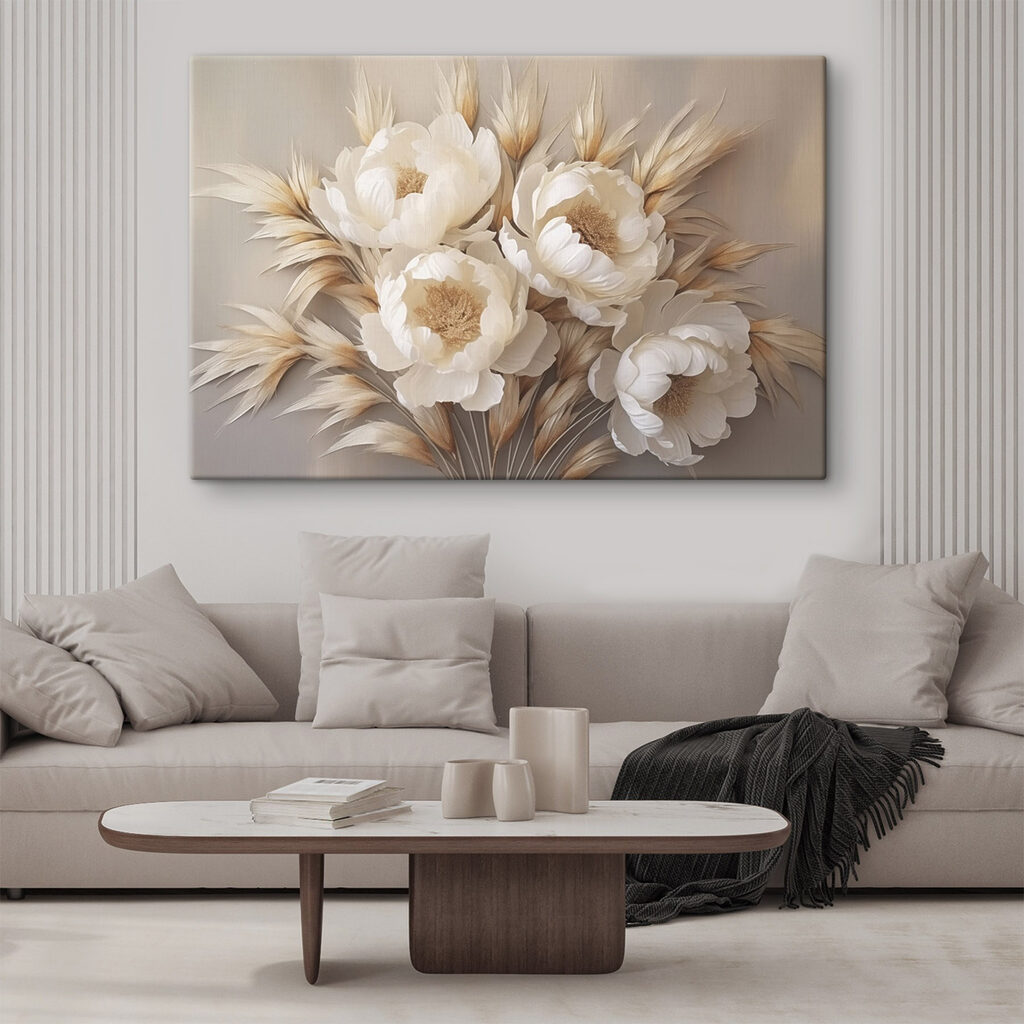 Weiße Pfingstrosen und Ähren in einem Interieur