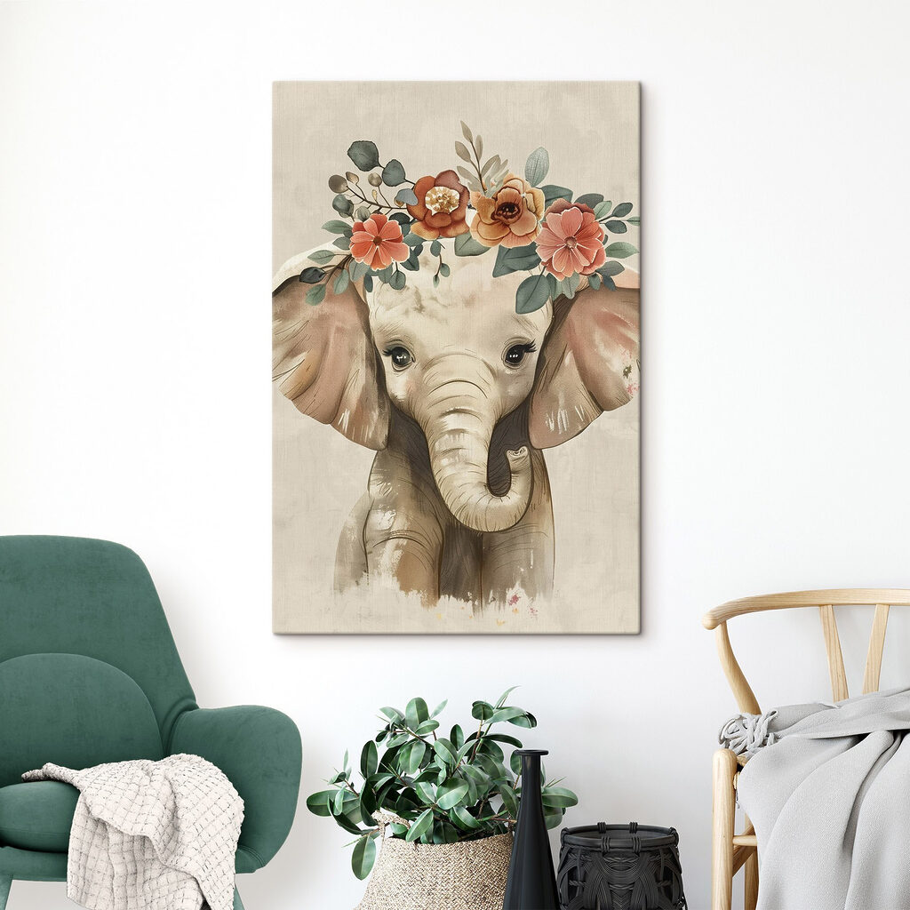 Elefantenbaby mit Blumenkranz in einem Interieur
