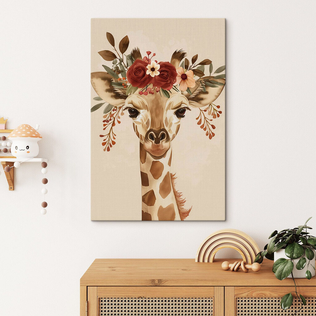 Giraffe mit rostroter Blütenkrone in einem Interieur