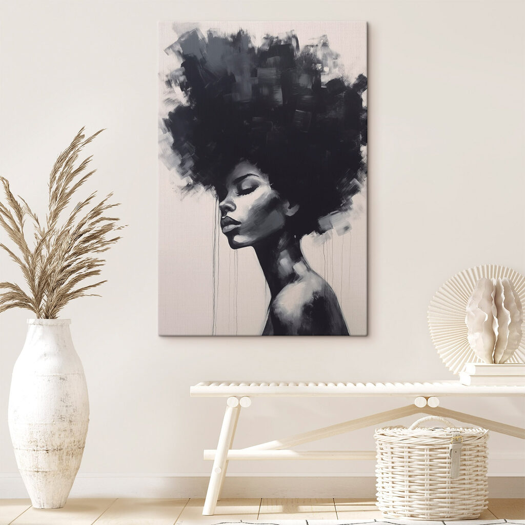 Frauenprofil mit dunklen Locken in einem Interieur