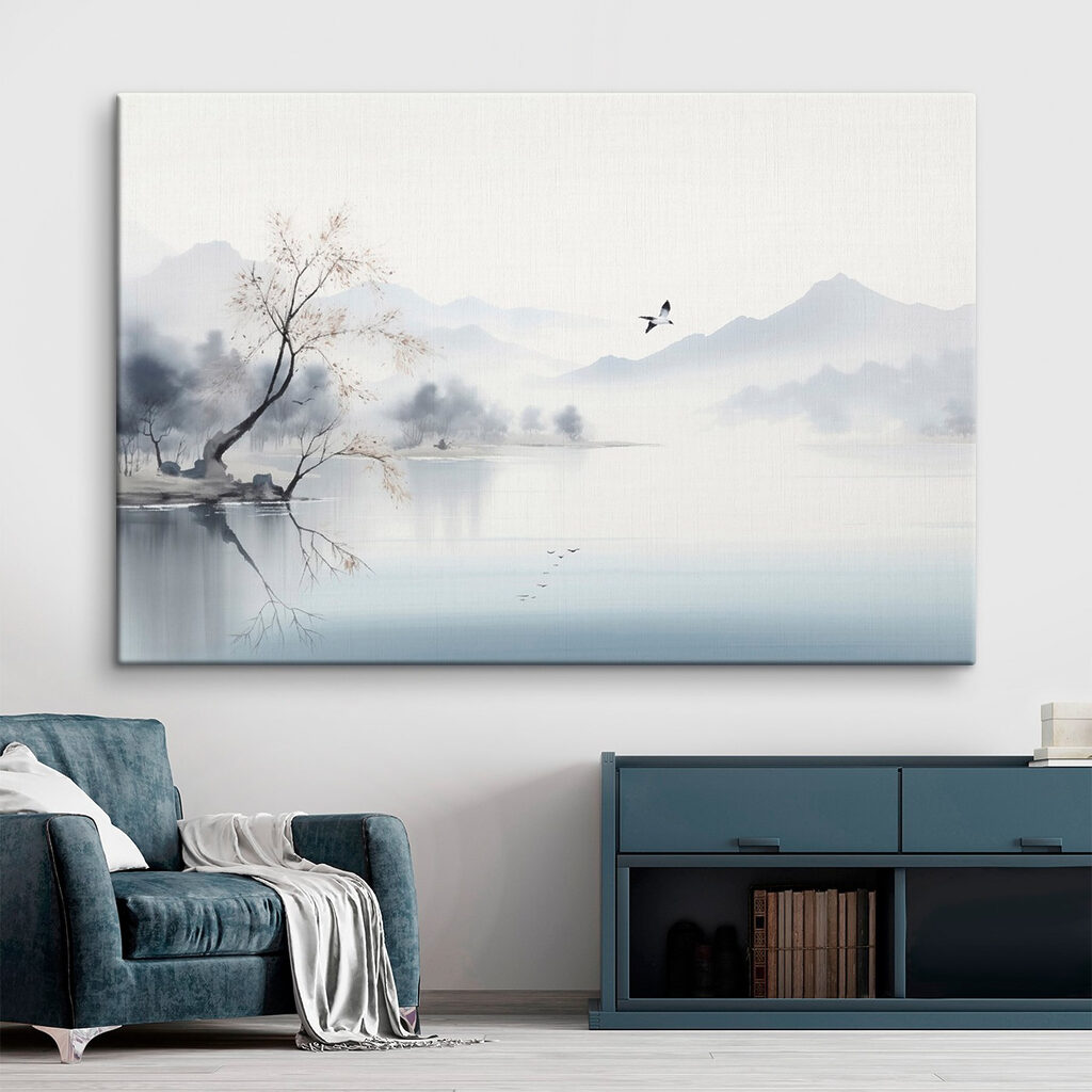 Vogel über nebligem Bergsee in einem Interieur