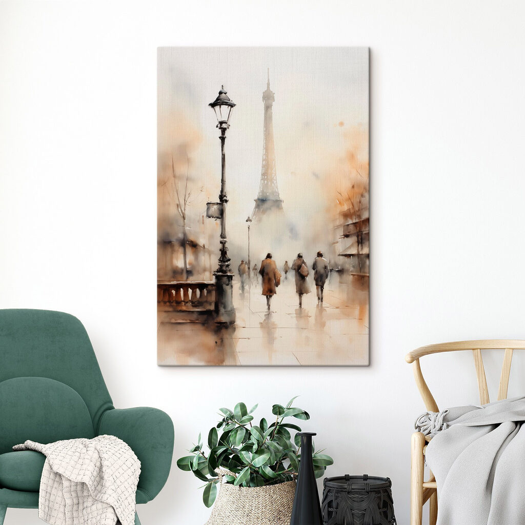 Spaziergänger im Pariser Herbstnebel in einem Interieur