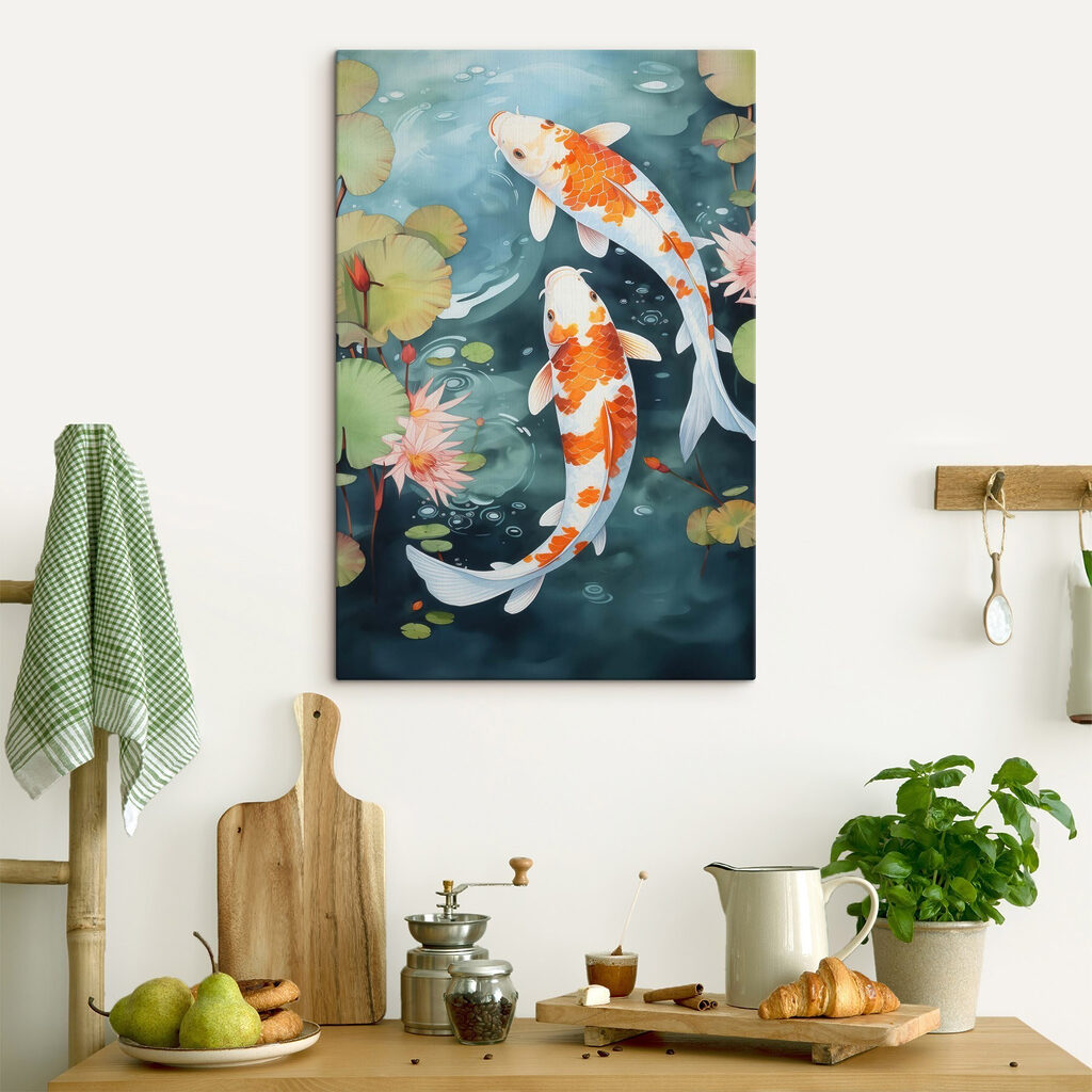 Zwei Kois zwischen Seerosenblättern in einem Interieur