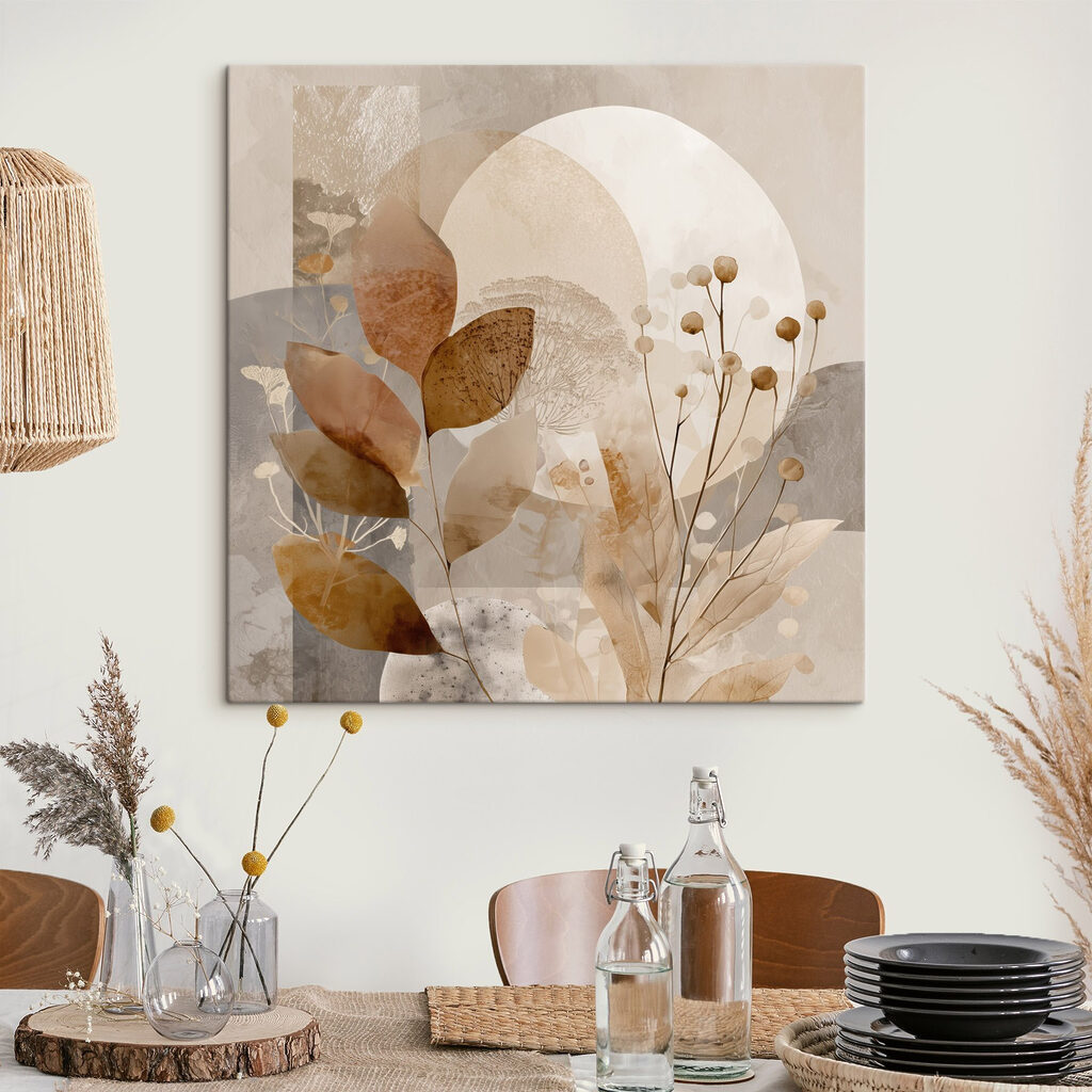 Blattstiele zwischen sandfarbenen Kreisen in einem Interieur