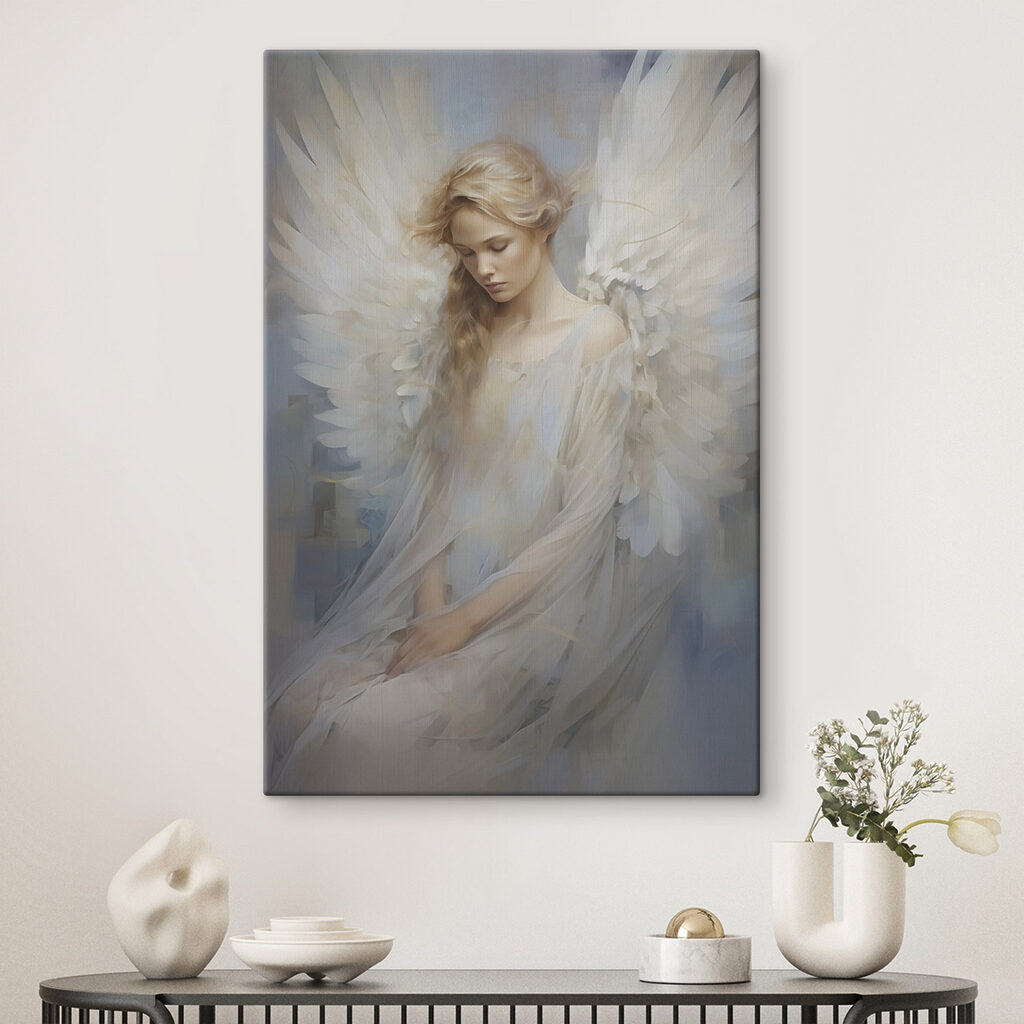 Sitzender Engel in Pinselstrichen in einem Interieur