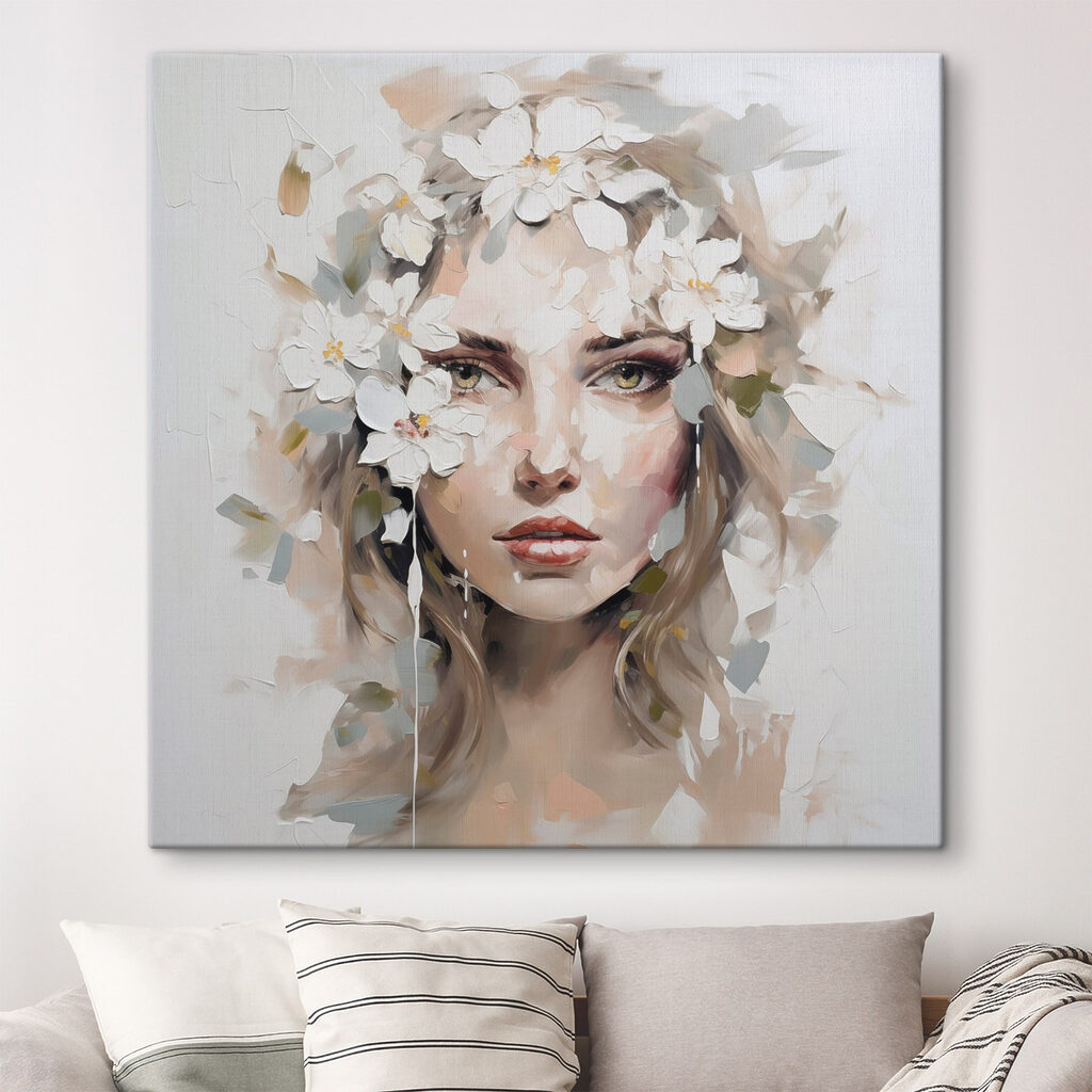 Blick unter weißen Blüten in einem Interieur