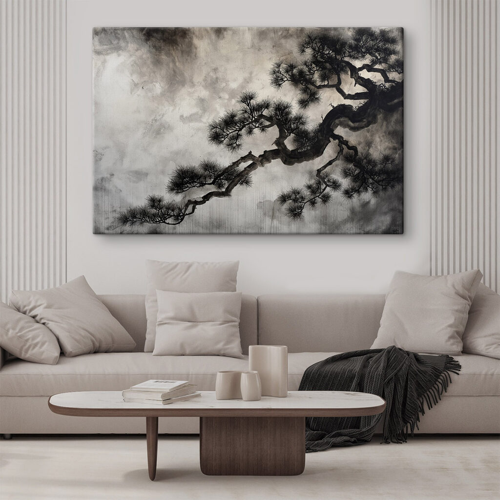Dunkler Kiefernzweig im Nebel in einem Interieur