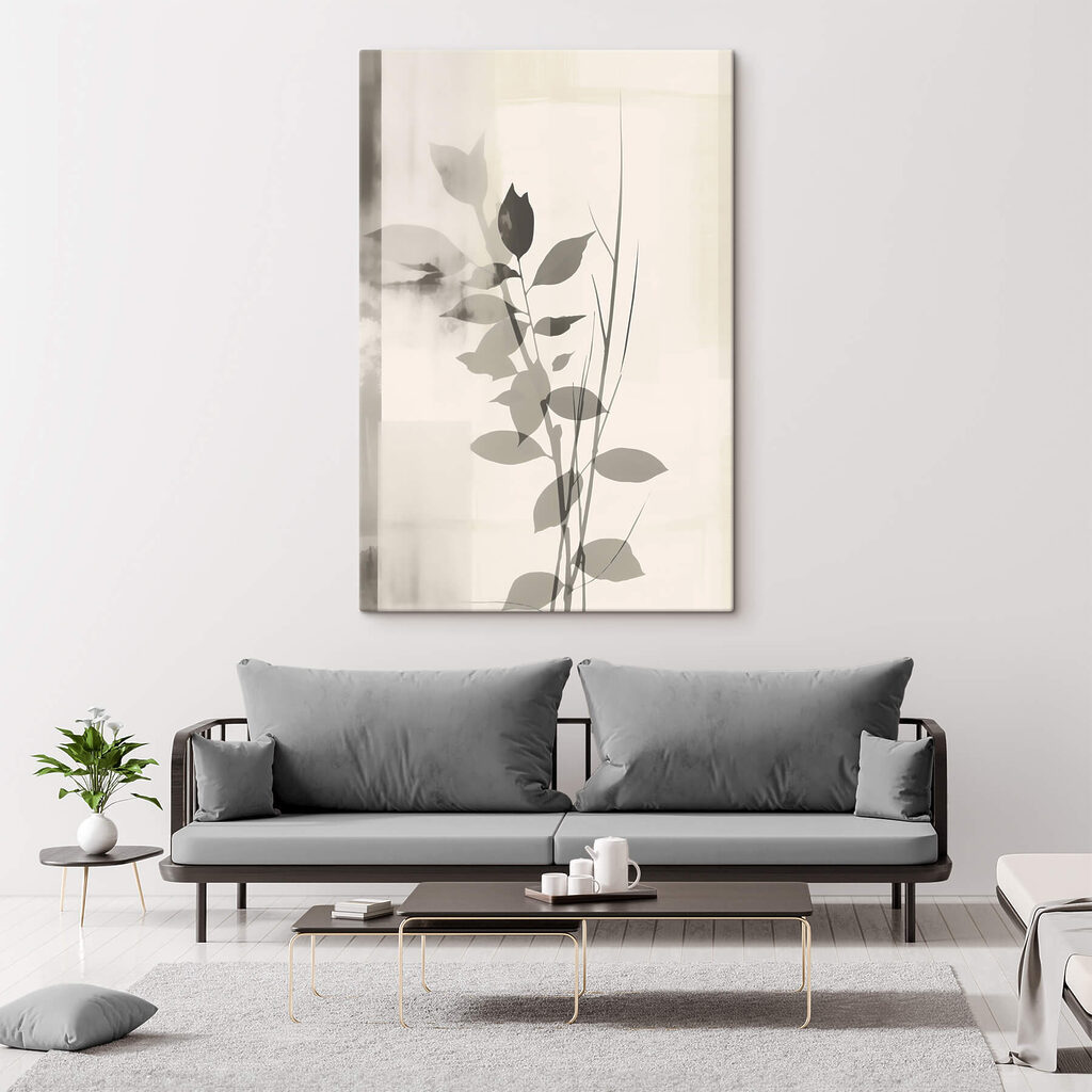 Graue Blattranke auf Weiß in einem Interieur
