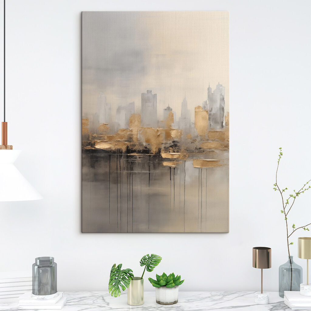 Goldene Stadt über Spiegelungen in einem Interieur