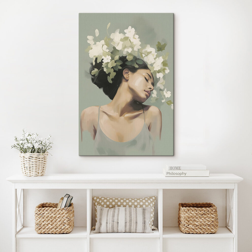 Stilles Porträt mit Blütenkranz in einem Interieur