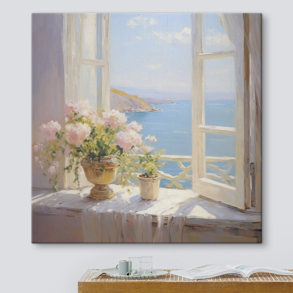Meerblick mit rosa Rosen in einem Interieur