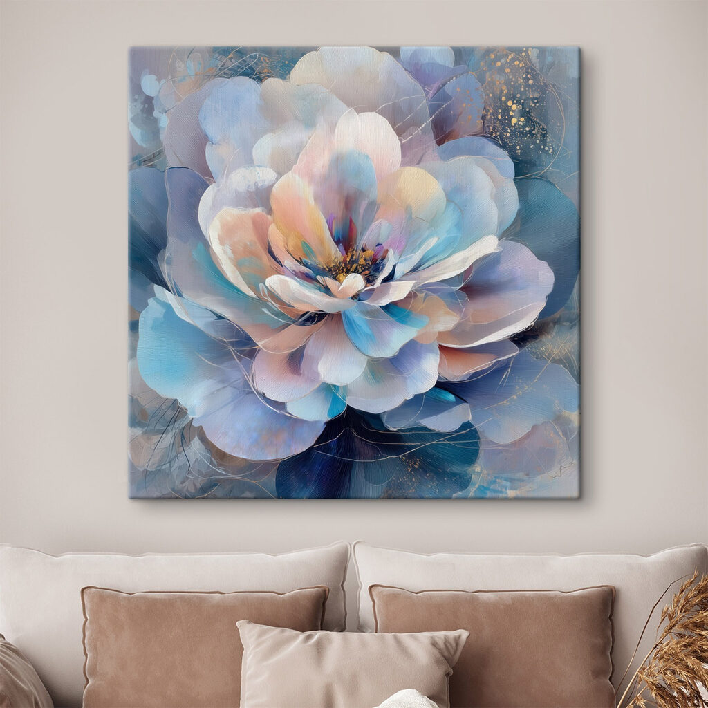 Pastellblüte im blauen Lichtkreis in einem Interieur
