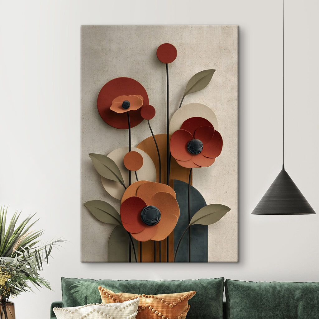 Rote Blumen und Geometrie in einem Interieur