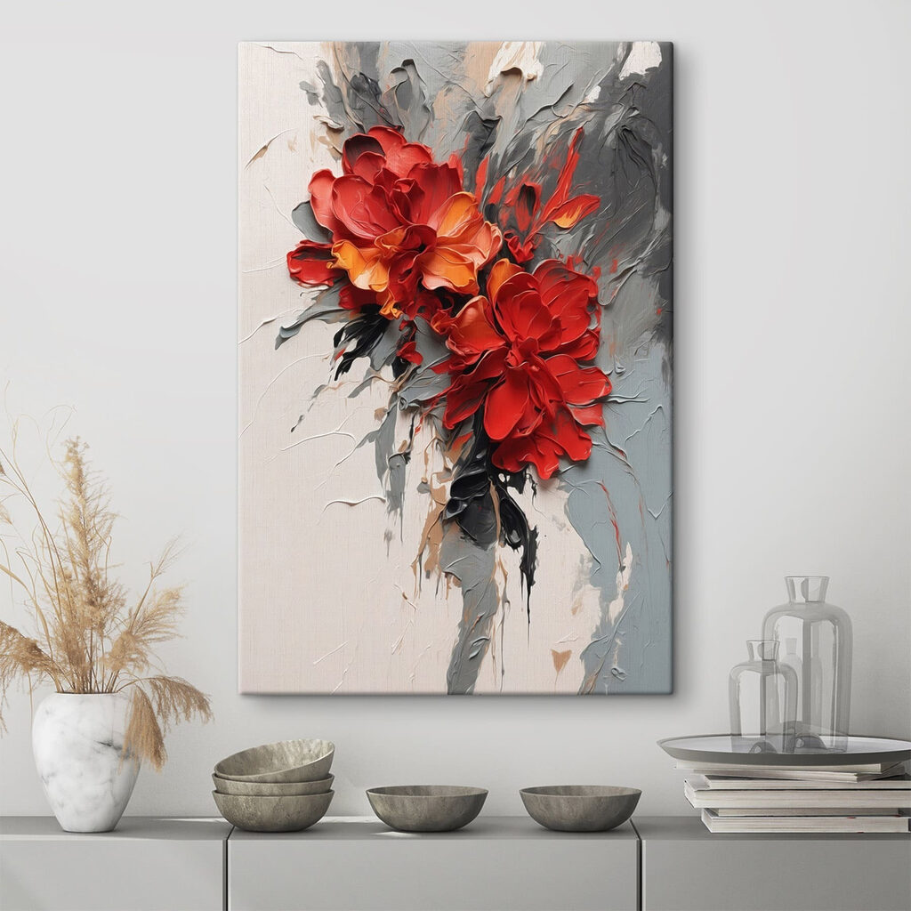 Blumen zwischen grauen Bruchlinien in einem Interieur