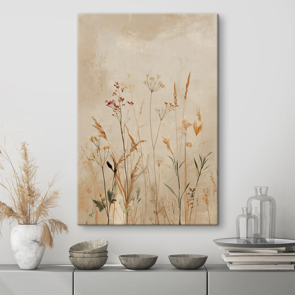 Rote Blümchen zwischen Gräsern in einem Interieur