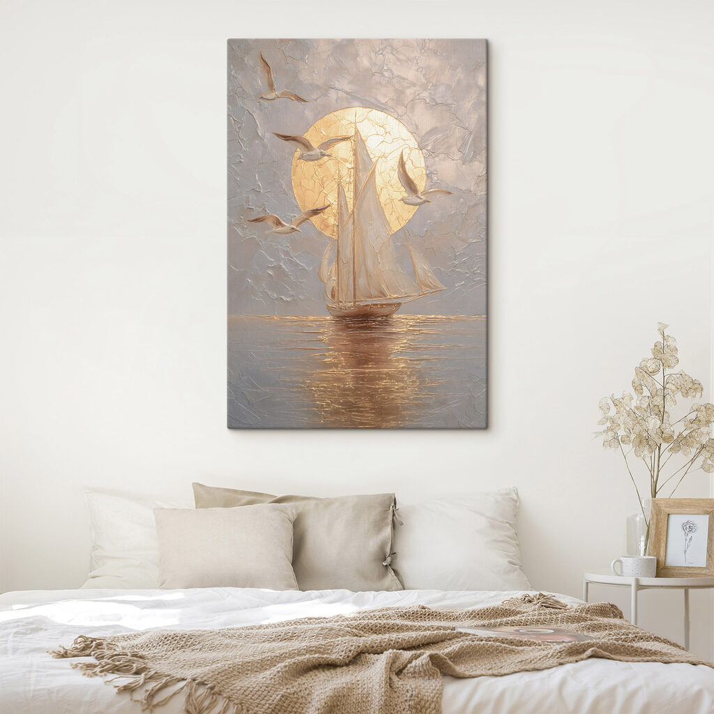 Segelboot unter goldenem Mond in einem Interieur