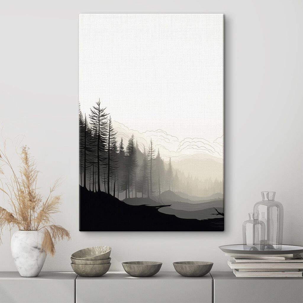 Kiefernsaum am stillen Fluss in einem Interieur