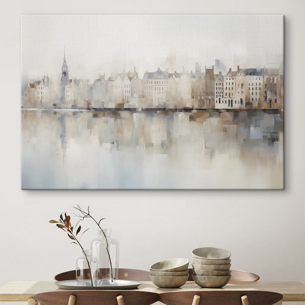 Blasse Fassaden am Wasser in einem Interieur
