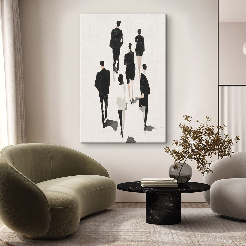 Schwarze Silhouetten unterwegs in einem Interieur