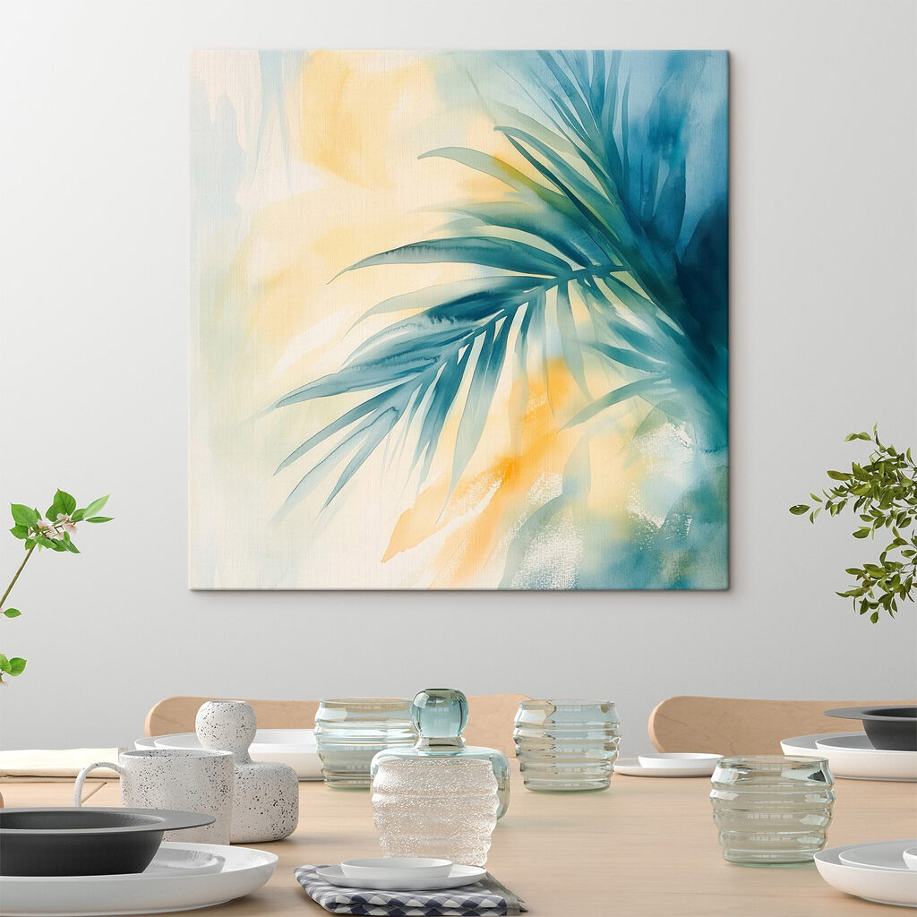 Blauer Palmwedel im Sonnenlicht in einem Interieur