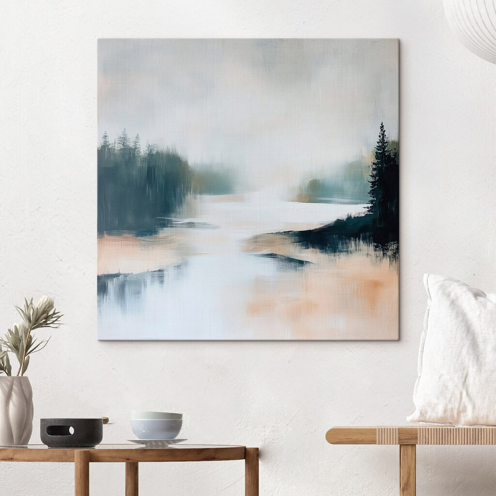 Kiefern am Nebelfluss in einem Interieur