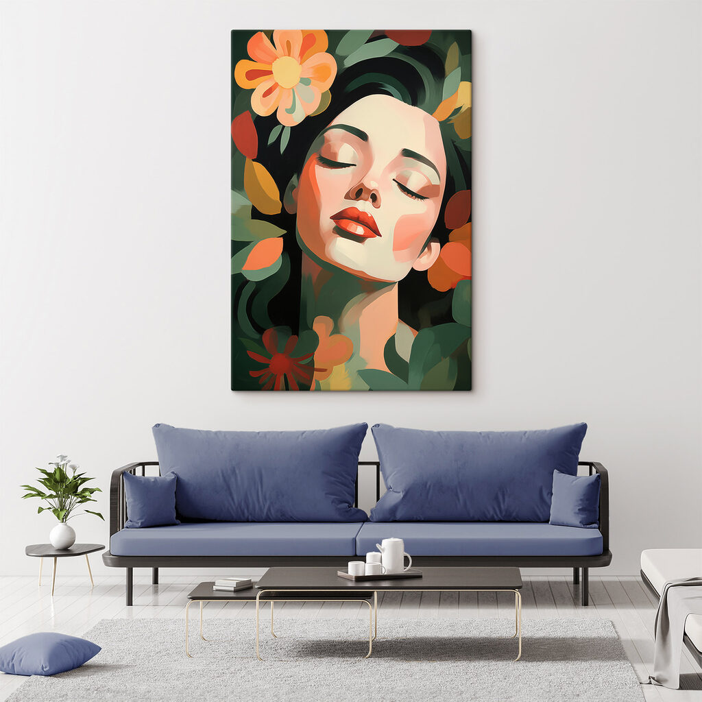 Geschlossene Augen zwischen Sommerblumen in einem Interieur
