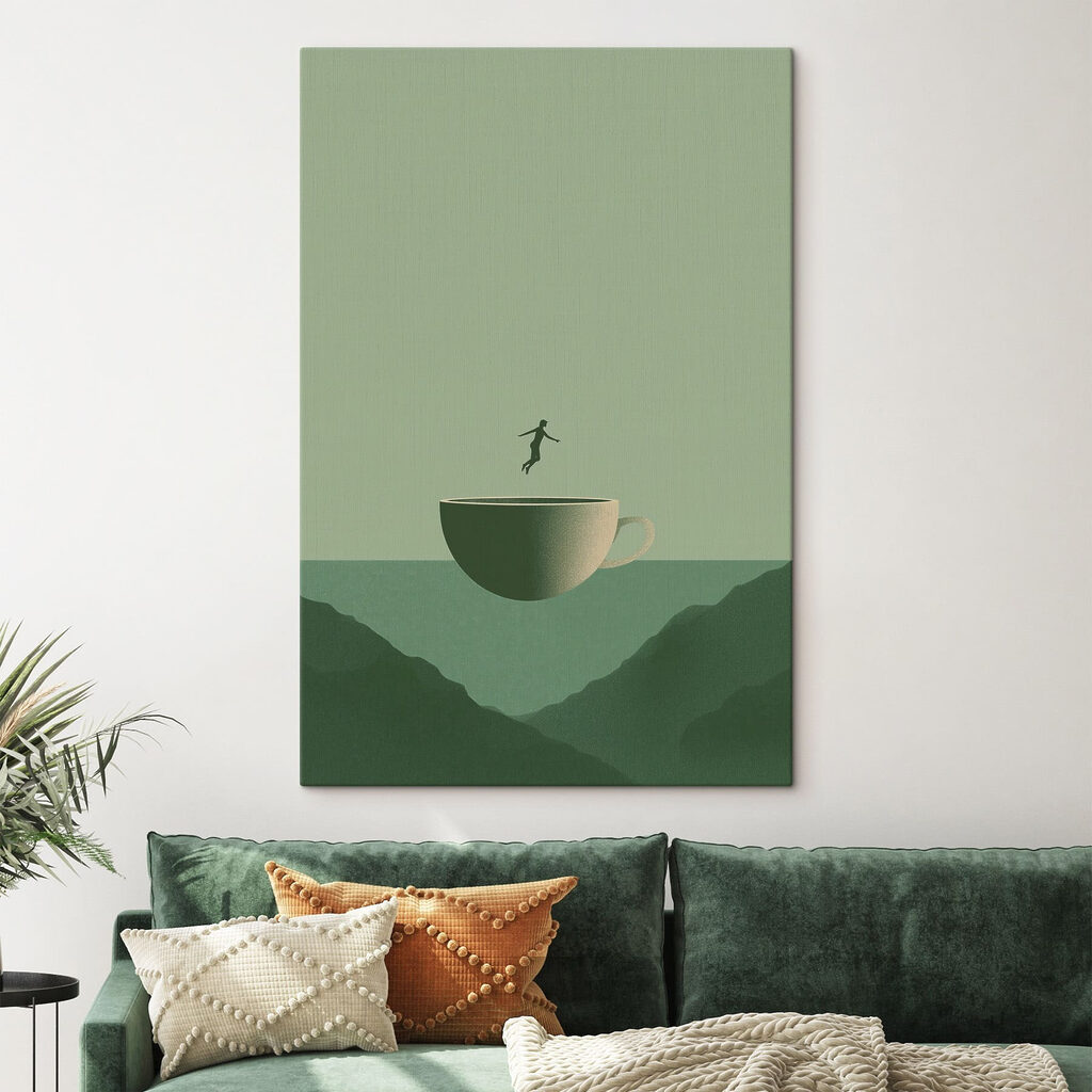 Figur über den Bergen in einem Interieur