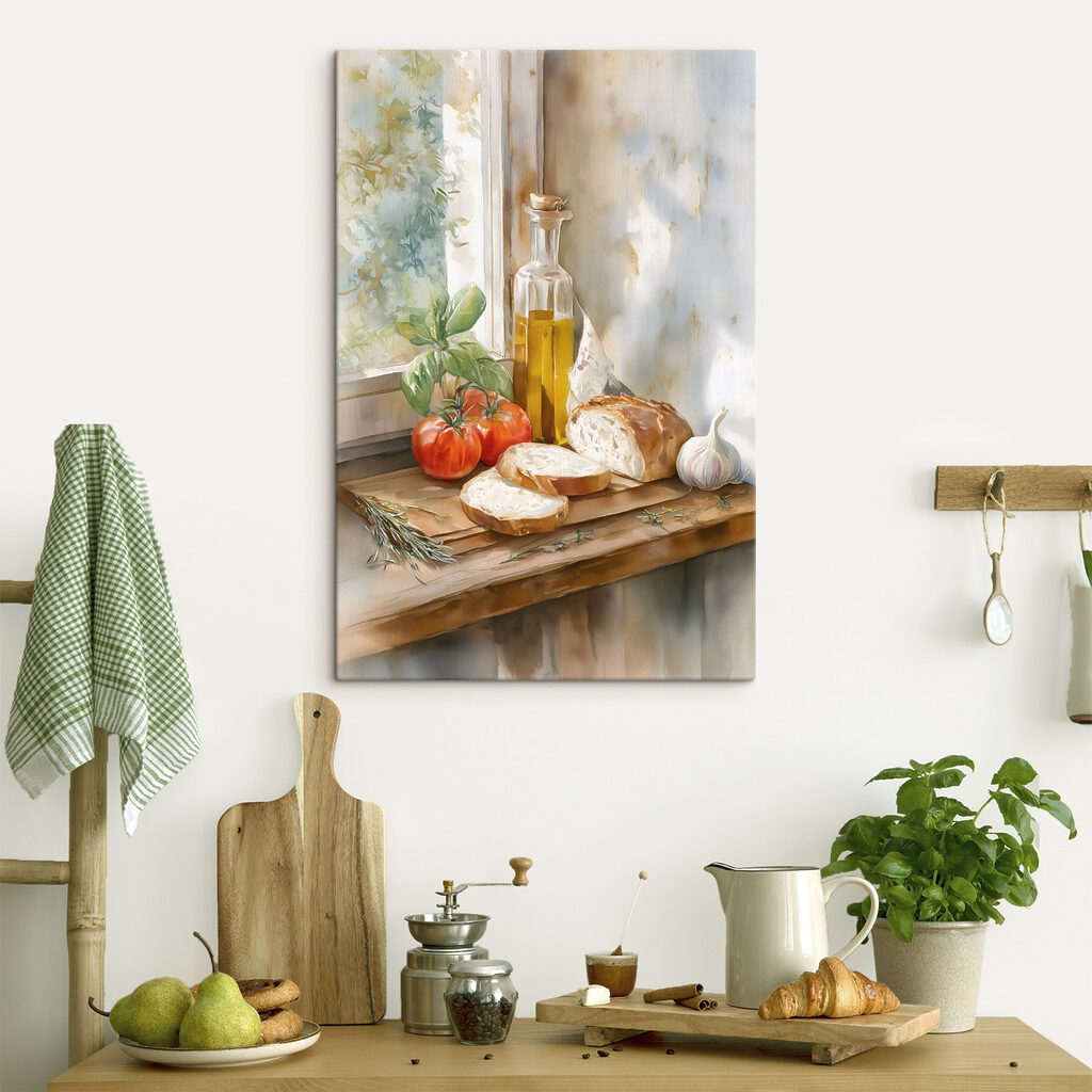 Brot und reife Tomaten in einem Interieur